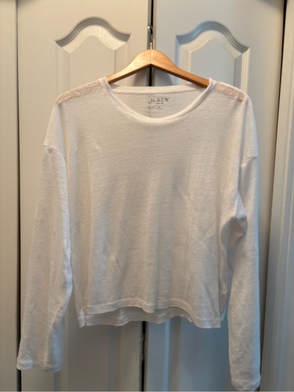 J. Crew White Crewneck Lightweight Long-Sleeve Linen  Top